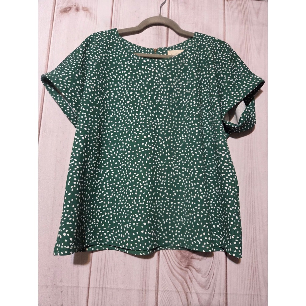 Melloday Green White Polka Dot Short Sleeve Zipper Back Blouse Top Womens Medium